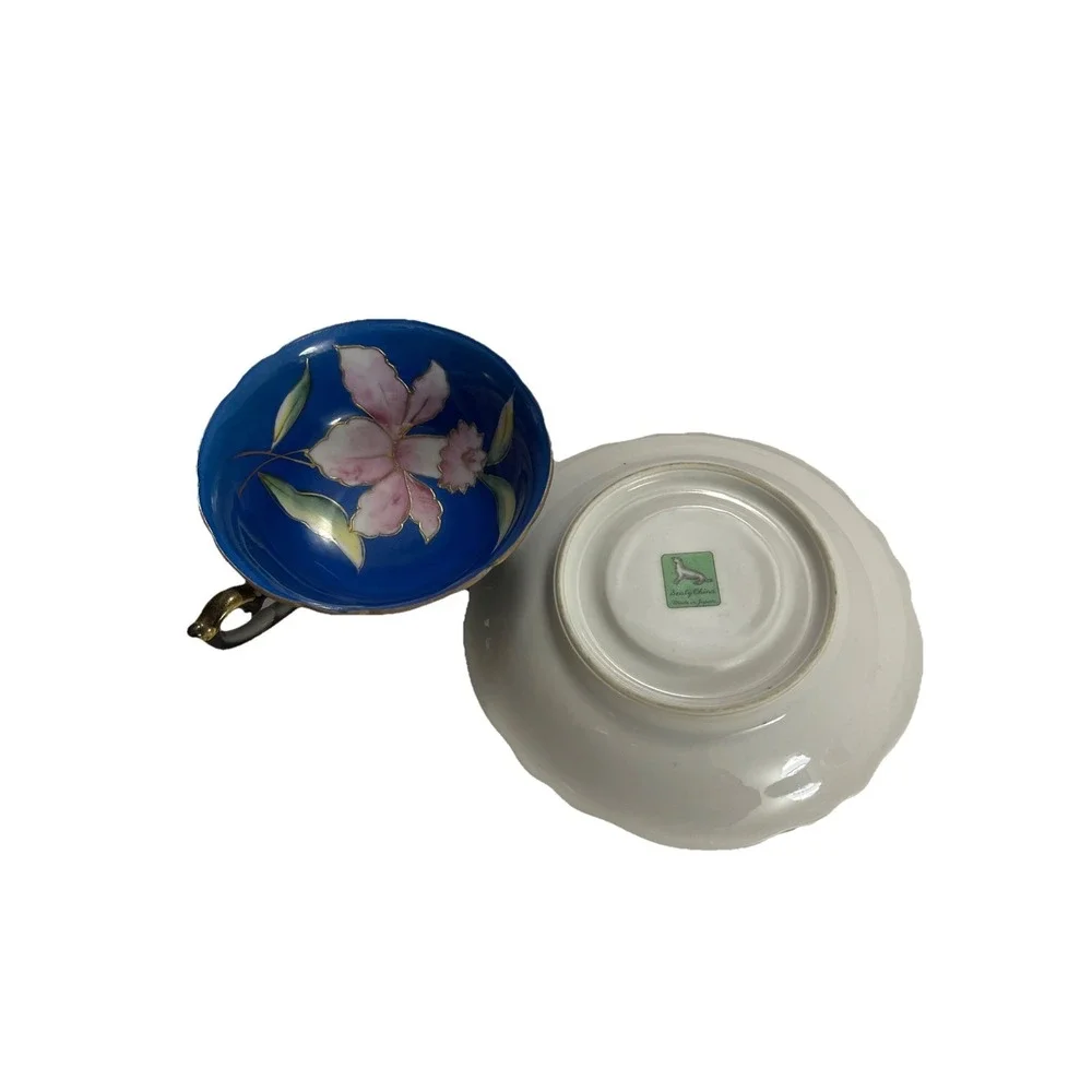 Vintage Sealy China Made In Japan Teacup & Saucer Hand Painted Blue, Pink Orchid